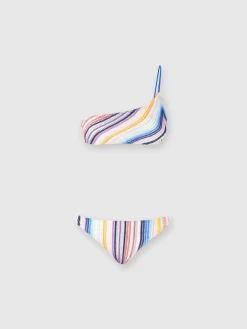 Bikini à épaule dénudée en crochet rayé