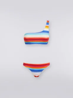 Bikini à épaule dénudée en nylon extensible à imprimé zig zag