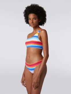 Bikini à épaule dénudée en nylon extensible à imprimé zig zag