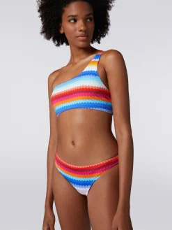 Bikini à épaule dénudée en nylon extensible à imprimé zig zag