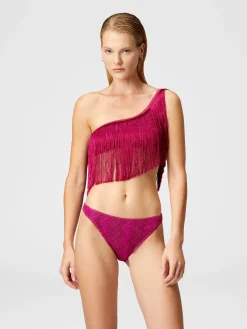 Bikini asymétrique en viscose lamé zigzag à franges