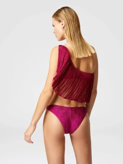 Bikini asymétrique en viscose lamé zigzag à franges