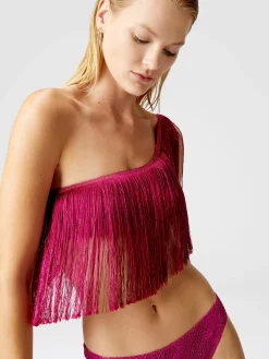 Bikini asymétrique en viscose lamé zigzag à franges