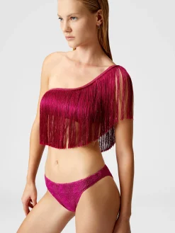 Bikini asymétrique en viscose lamé zigzag à franges