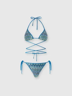 Bikini en viscose lamé zig zag avec paillettes et dentelle à tresser