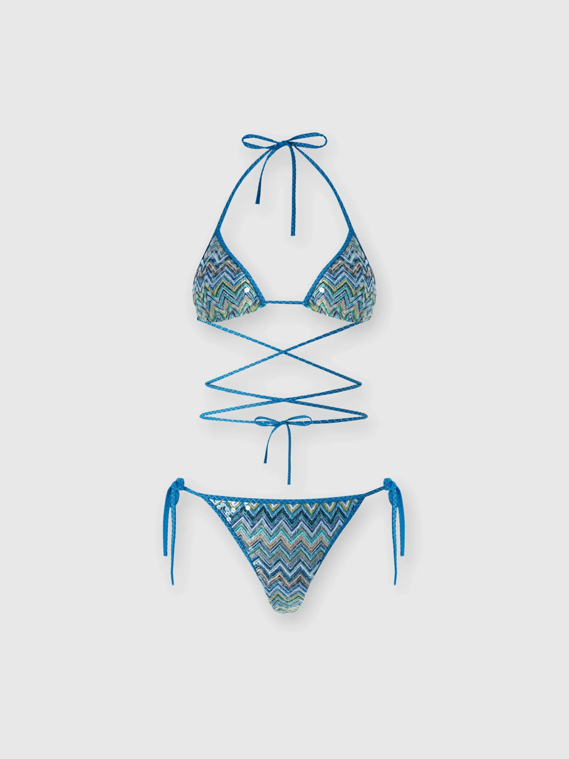 Bikini en viscose lamé zig zag avec paillettes et dentelle à tresser