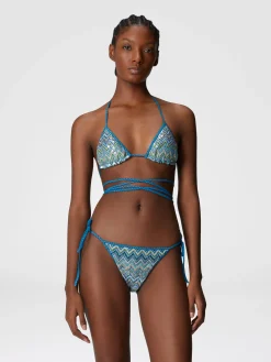 Bikini en viscose lamé zig zag avec paillettes et dentelle à tresser