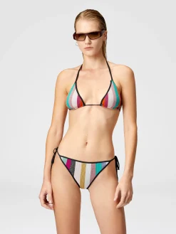 Bikini triangle en maille côtelée rayée lamée