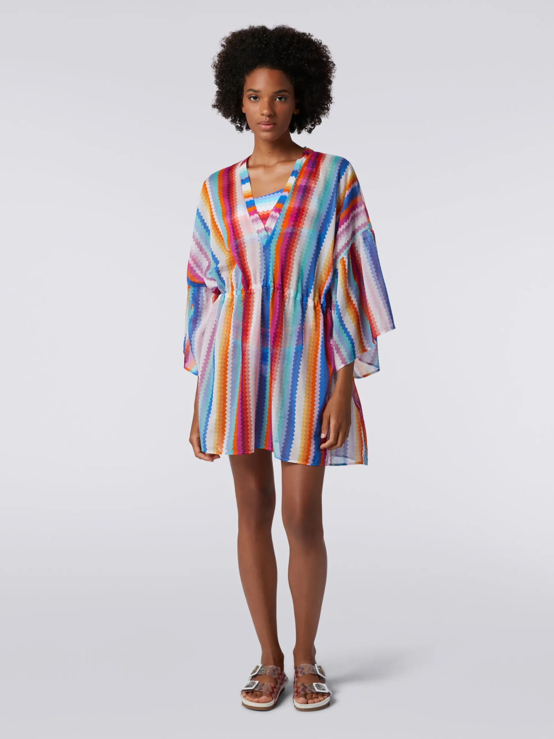 Caftan court en coton et soie à zig zag
