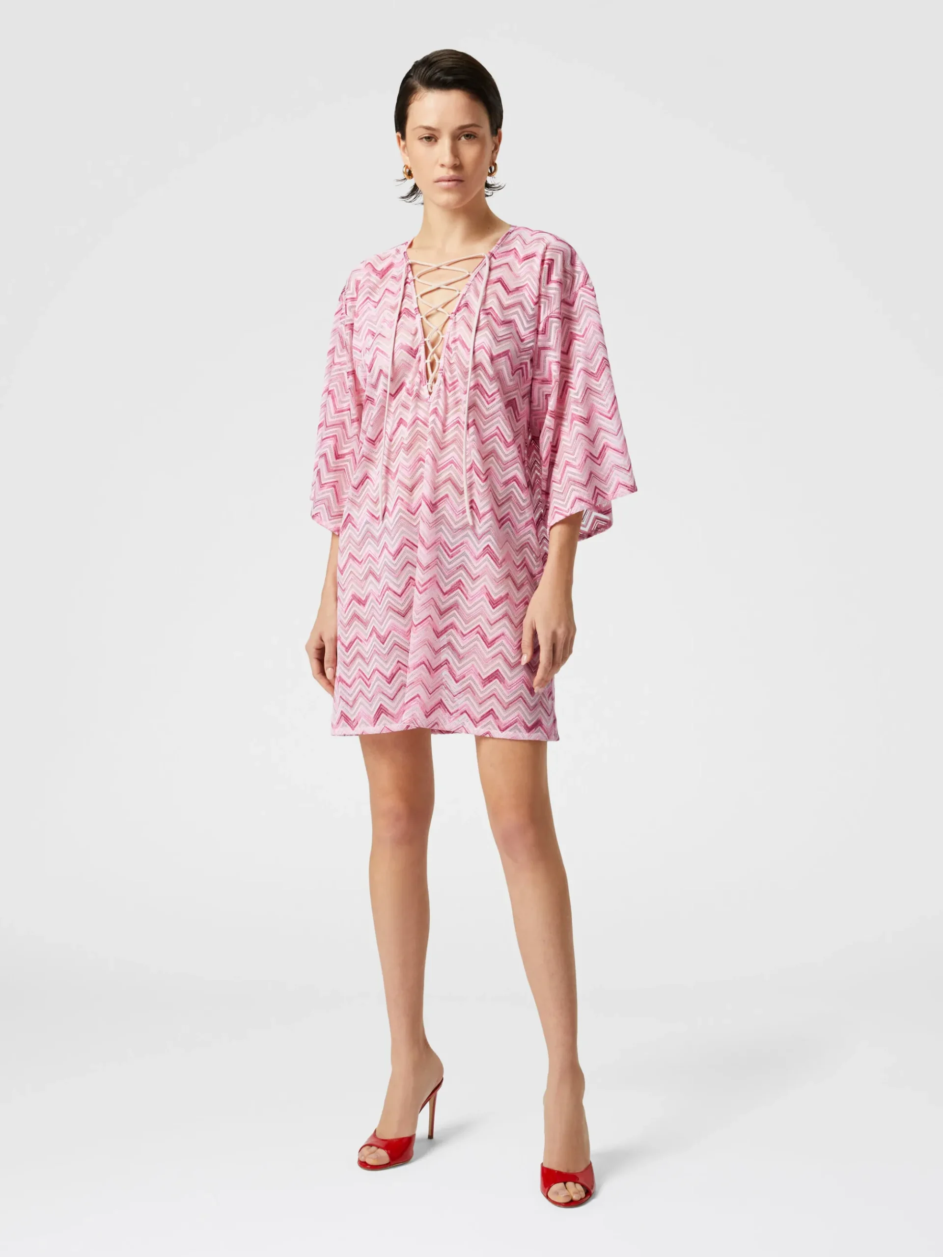 Caftan court en tulle de viscose mélangée avec zigzag flammé