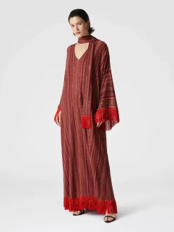 Caftan en zigzag à sequins et col en V et écharpe amovible à franges