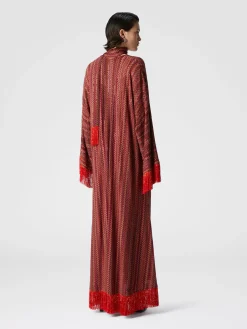 Caftan en zigzag à sequins et col en V et écharpe amovible à franges