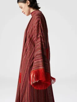 Caftan en zigzag à sequins et col en V et écharpe amovible à franges