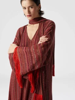 Caftan en zigzag à sequins et col en V et écharpe amovible à franges