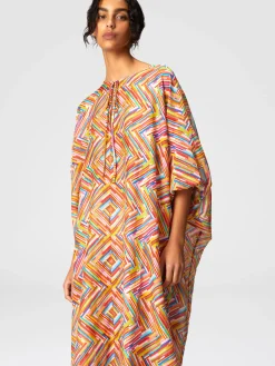 Caftan long en coton et soie mélangés imprimés