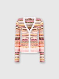 Cardigan côtelé en coton et viscose rayé avec finitions contrastées