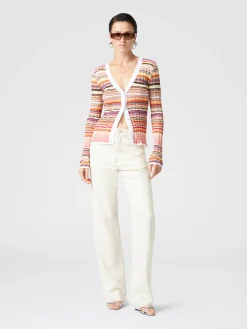 Cardigan côtelé en coton et viscose rayé avec finitions contrastées