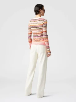 Cardigan côtelé en coton et viscose rayé avec finitions contrastées