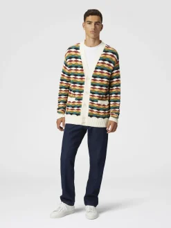 Cardigan en coton mélangé à motif vagues et passepoil contrasté