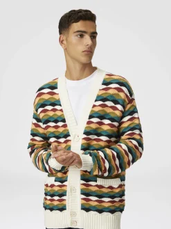 Cardigan en coton mélangé à motif vagues et passepoil contrasté