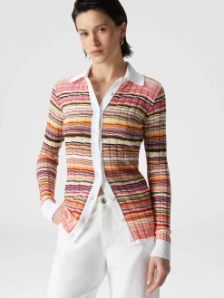 Chemise côtelée rayée en coton et viscose avec finitions contrastées