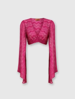 Crop top à manches larges et nœud sur le devant en viscose lamé zigzag