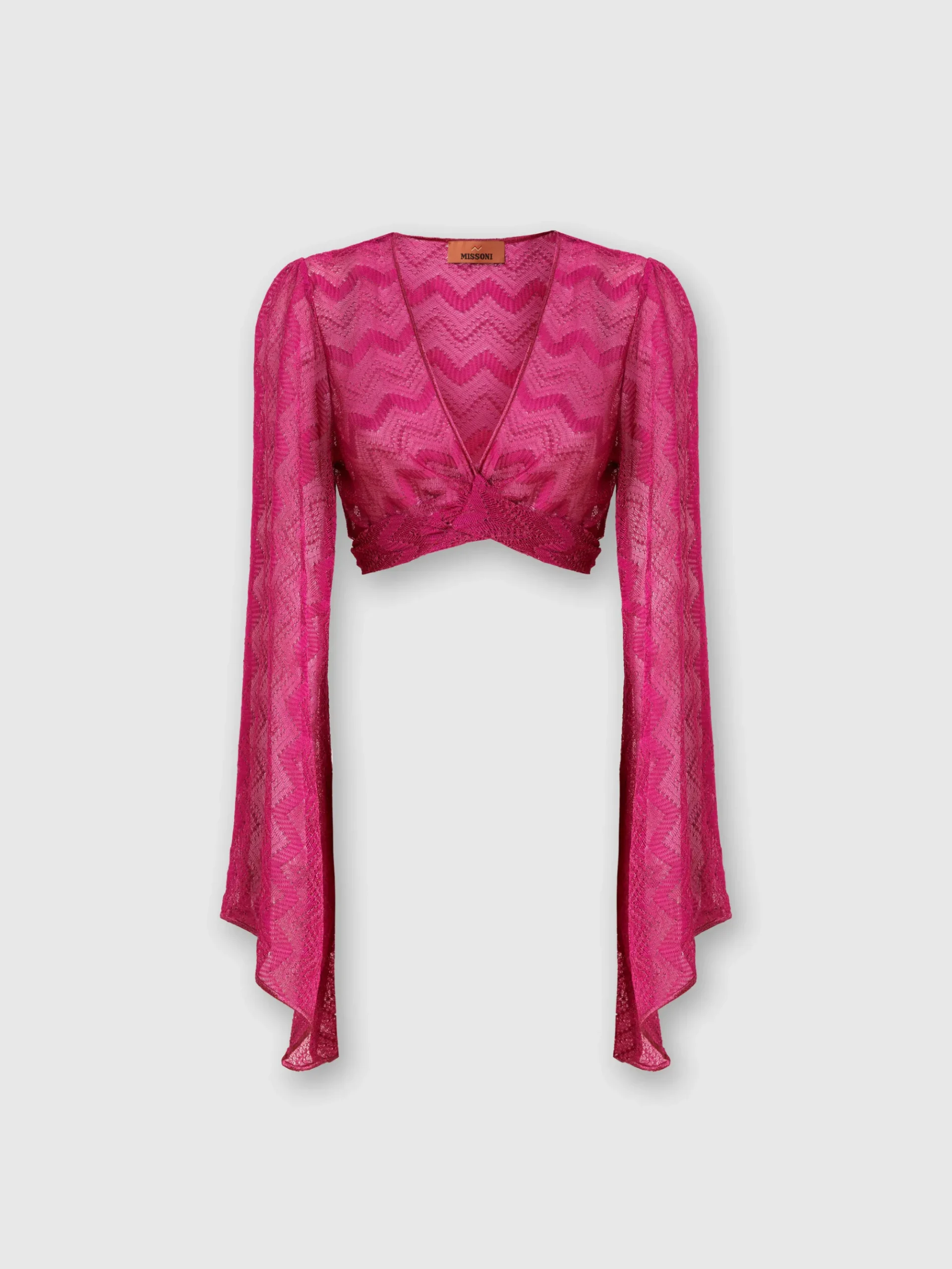 Crop top à manches larges et nœud sur le devant en viscose lamé zigzag