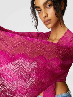 Crop top à manches larges et nœud sur le devant en viscose lamé zigzag