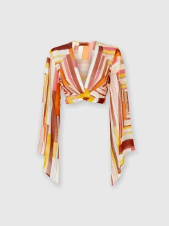 Crop top en soie imprimée à manches larges et nœud sur le devant