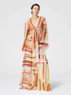 Crop top en soie imprimée à manches larges et nœud sur le devant