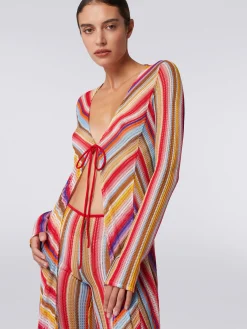 Gilet de plage long en crochet rayé