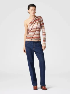 Haut à une épaule avec motif en zigzag lamé dentelé et côtes