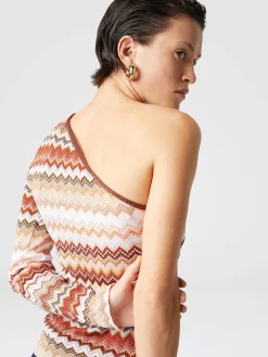 Haut à une épaule avec motif en zigzag lamé dentelé et côtes