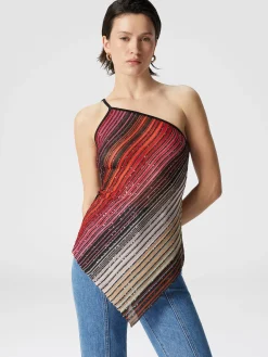Haut asymétrique à rayures partielles à une épaule avec paillettes
