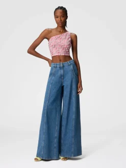 Haut en tulle de viscose mélangé à une épaule avec zigzag flammé