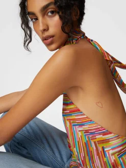 Haut sans manches à col roulé en coton et soie mélangés imprimés