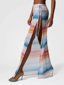 Jupe longue en viscose mélangée lamé zigzag avec cordon de serrage