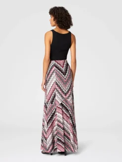 Jupe longue évasée à motif zigzag dentelé lamé