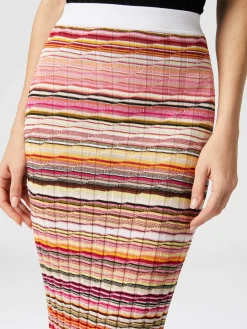 Jupe midi côtelée en coton rayé et viscose