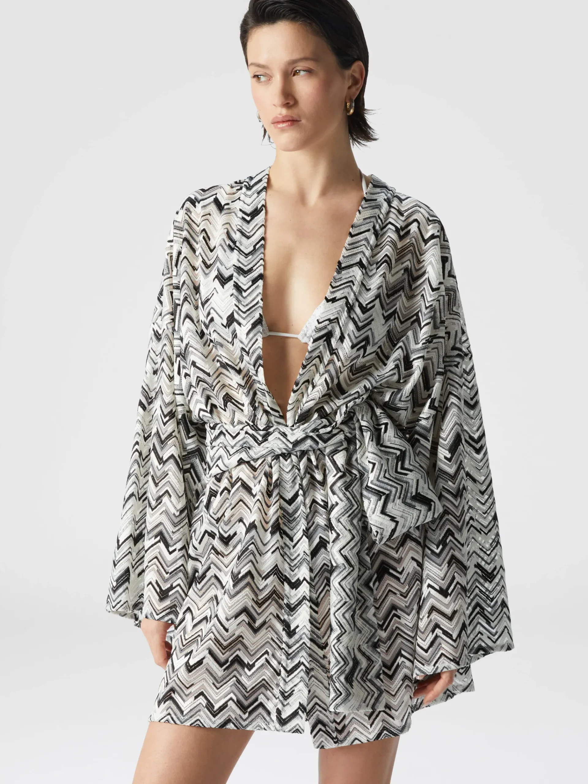 Kimono couvrant en viscose mélangée zigzag flammé avec ceinture