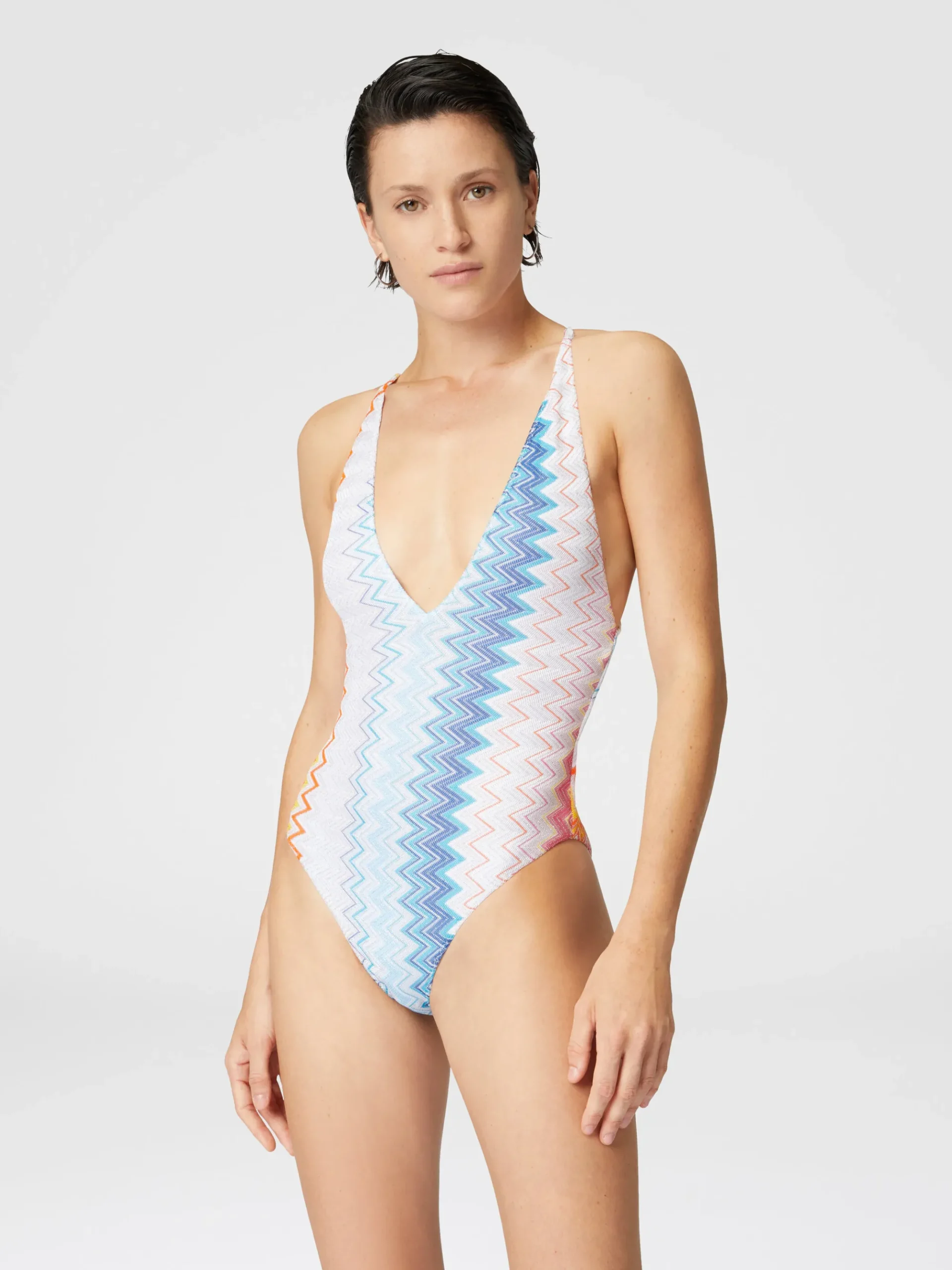 Maillot de bain une pièce en viscose mélangée zigzag lamé col V