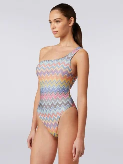 Maillot de bain une pièce une épaule avec imprimé zig-zag et lurex