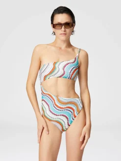 Maillot de bain une pièce asymétrique avec motif vague lamé et détail découpé