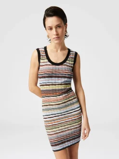 Mini-robe rayée en coton et viscose côtelée avec passepoil contrasté