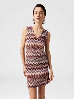 Mini-robe sans manches col en V en coton et viscose en zigzag