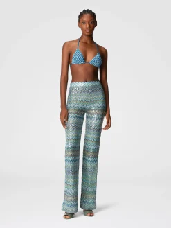 Pantalon flare en viscose lamé zigzag avec paillettes et franges