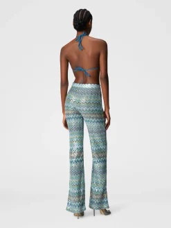 Pantalon flare en viscose lamé zigzag avec paillettes et franges