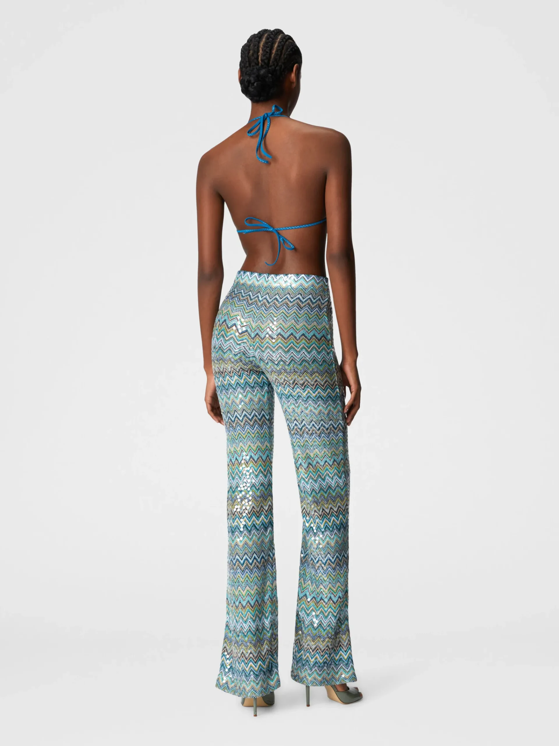 Pantalon flare en viscose lamé zigzag avec paillettes et franges