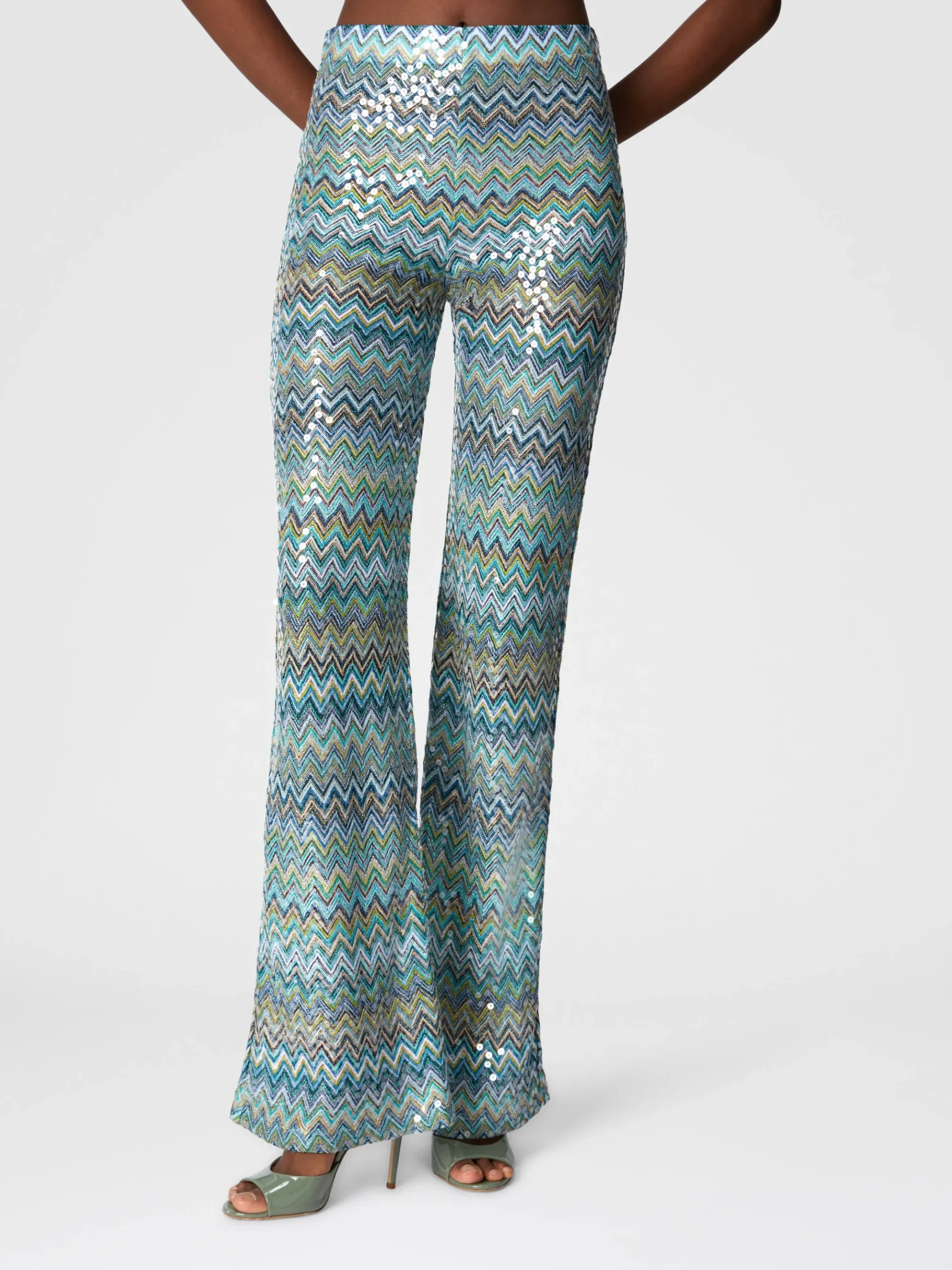 Pantalon flare en viscose lamé zigzag avec paillettes et franges