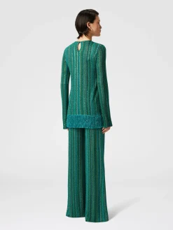 Pantalon évasé en viscose mélangée zigzag avec paillettes